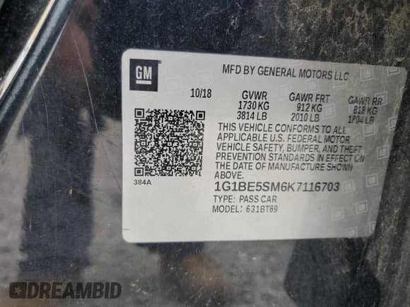 2019 Chevrolet Cruze LT with VIN 1G1BE5SM6K7116703, listed as a Copart auction lot 64948545 with 107,325 mi miles and Salvage title. Bid and sale history available at DreamBid. Image 12.