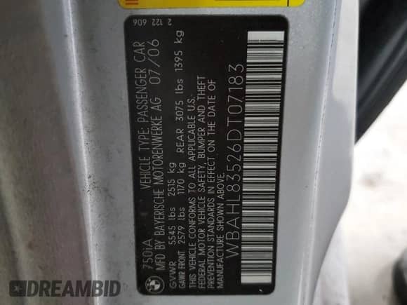 2006 BMW 7 Series 750i with VIN WBAHL83526DT07183, listed as a Copart auction lot 53257635 with 78,997 mi miles and Salvage title. Bid and sale history available at DreamBid. Image 12.
