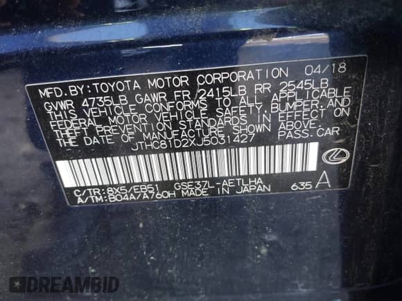 2018 Lexus IS 300 z VIN JTHC81D2XJ5031427, wystawiony jako IAAI lot #42059295 z przebiegiem 84 586 mil mil oraz . Historia ofert i sprzedaży dostępna na DreamBid. Obrazek 9.