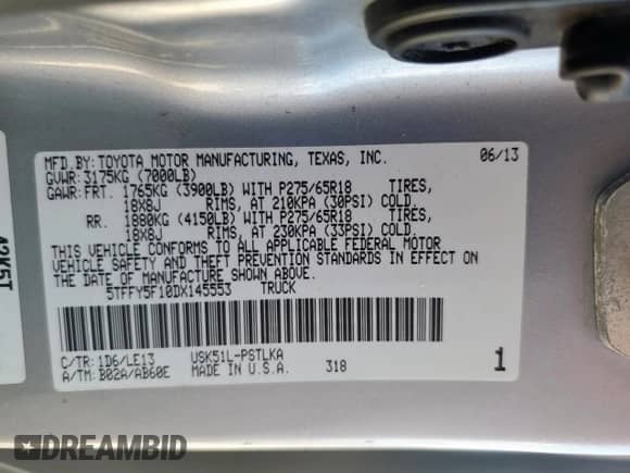 2013 Toyota Tundra Platinum с VIN 5TFFY5F10DX145553, выставлен на аукционе Copart как лот 82311405 с пробегом 142 592 миль миль и Списание • Salvage title. История ставок и продаж доступна на DreamBid. Изображение 12.