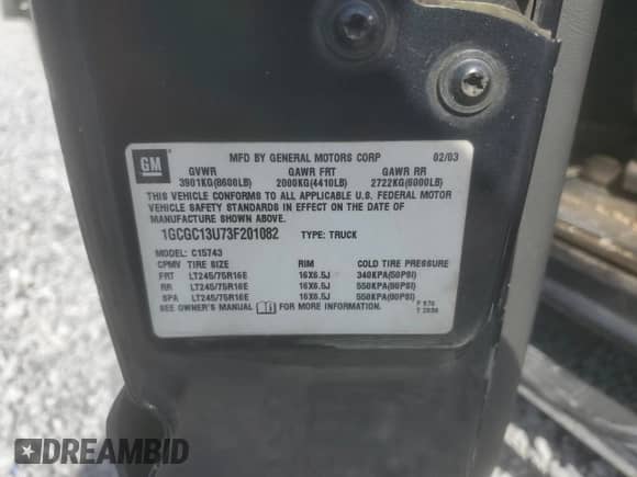 2003 Chevrolet Silverado 1500HD LS с VIN 1GCGC13U73F201082, выставлен на аукционе Copart как лот 63125425 с пробегом 251 995 миль миль и Списание • Salvage title. История ставок и продаж доступна на DreamBid. Изображение 12.