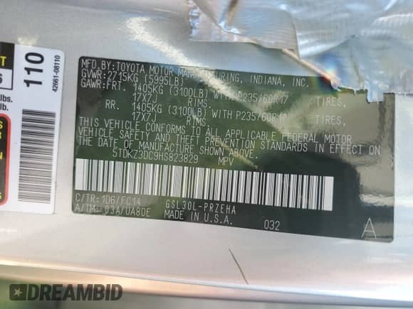 2017 Toyota Sienna LE with VIN 5TDKZ3DC9HS823829, listed as a Copart auction lot 82004525 with 143,268 mi miles and Salvage title. Bid and sale history available at DreamBid. Image 14.