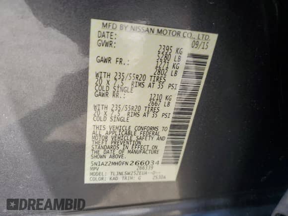 2015 Nissan Murano Platinum with VIN 5N1AZ2MH0FN266034, listed as a Copart auction lot 66645145 with 119,223 mi miles and Salvage title. Bid and sale history available at DreamBid. Image 14.