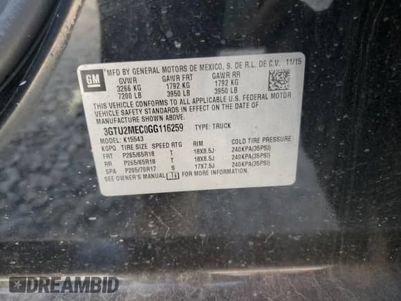 2016 GMC Sierra 1500 SLE с VIN 3GTU2MEC0GG116259, выставлен на аукционе Copart как лот 59777905 с пробегом 134 655 миль миль и Списание • Salvage title. История ставок и продаж доступна на DreamBid. Изображение 12.