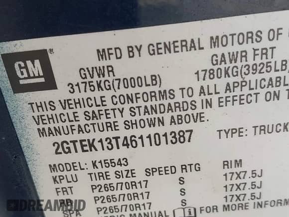 2006 GMC Sierra 1500 SLT with VIN 2GTEK13T461101387, listed as a IAAI auction lot 42113867 with 240,610 mi miles and . Bid and sale history available at DreamBid. Image 9.