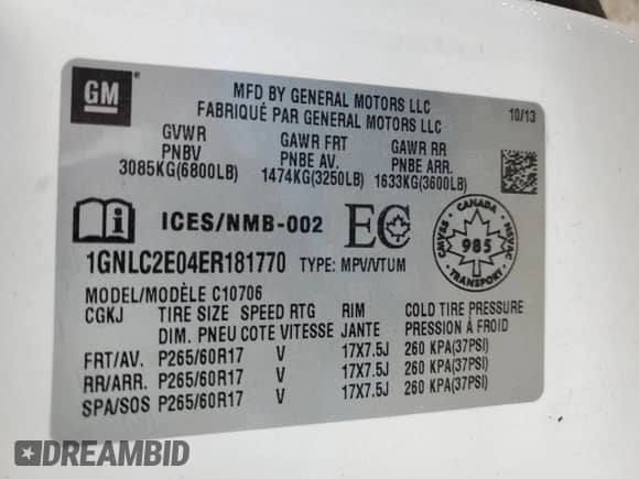 2014 Chevrolet Tahoe Commercial с VIN 1GNLC2E04ER181770, выставлен на аукционе Copart как лот 68669415 с пробегом 269 089 миль миль и Списание • Salvage title. История ставок и продаж доступна на DreamBid. Изображение 13.