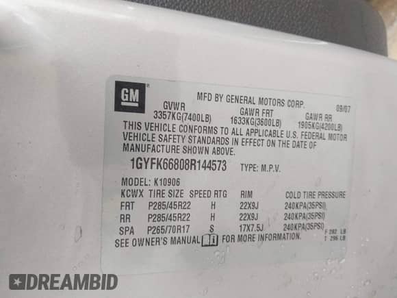 2008 Cadillac Escalade ESV с VIN 1GYFK66808R144573, выставлен на аукционе IAAI как лот 42534674 с пробегом 207 556 миль миль и . История ставок и продаж доступна на DreamBid. Изображение 9.