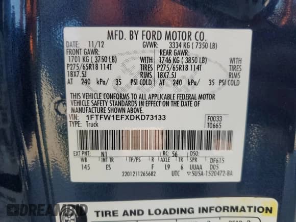 2013 Ford F-150 XL with VIN 1FTFW1EFXDKD73133, listed as a Copart auction lot 65803065 with 115,159 mi miles and Salvage title. Bid and sale history available at DreamBid. Image 13.