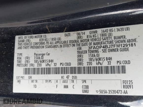 2015 Ford Fiesta SE with VIN 3FADP4BJ7FM129181, listed as a IAAI auction lot 43541499 with 119,961 mi miles and . Bid and sale history available at DreamBid. Image 9.