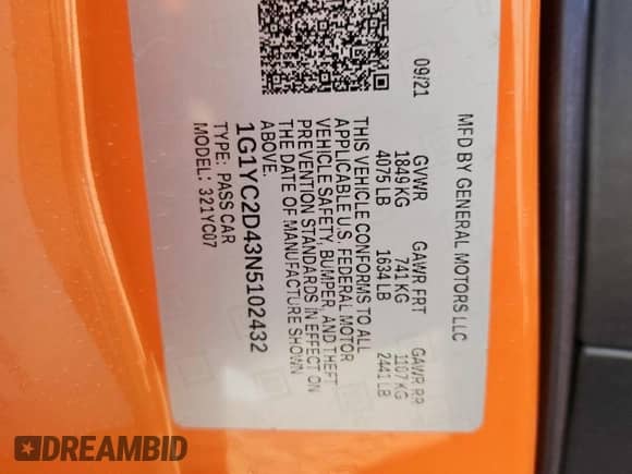 2022 Chevrolet Corvette 3LT z VIN 1G1YC2D43N5102432, wystawiony jako Copart lot #84464105 z przebiegiem 44 901 mil mil oraz Szkoda całkowita • Salvage title. Historia ofert i sprzedaży dostępna na DreamBid. Obrazek 12.