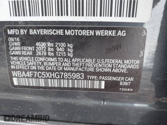 2017 BMW 4 Series 430i with VIN WBA4F7C5XHG785983, listed as a IAAI auction lot 42486625 with 223,245 mi miles and . Bid and sale history available at DreamBid. Image 9.