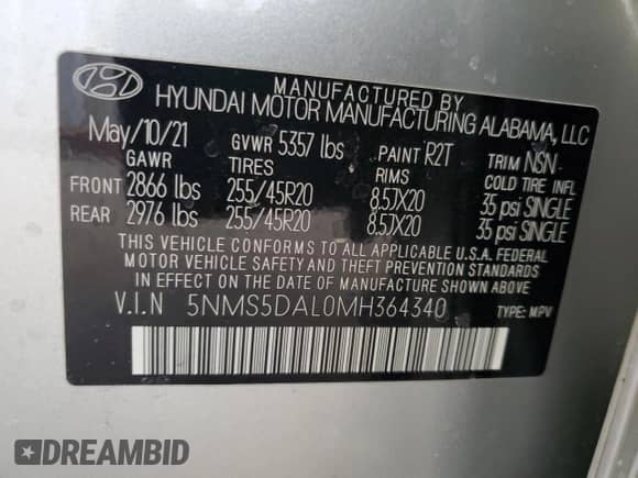 2021 Hyundai Santa Fe Calligraphy with VIN 5NMS5DAL0MH364340, listed as a Copart auction lot 44924695 with 48,324 mi miles and Salvage title. Bid and sale history available at DreamBid. Image 12.