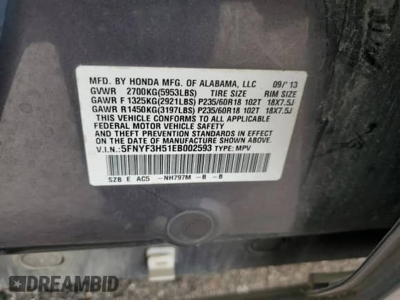 2014 Honda Pilot EX-L with VIN 5FNYF3H51EB002593, listed as a Copart auction lot 62726405 with 117,371 mi miles and Clean title. Bid and sale history available at DreamBid. Image 13.