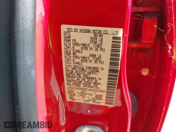 2004 Nissan Frontier XE z VIN 1N6ED29X04C422292, wystawiony jako IAAI lot #42536239 z przebiegiem 50 584 mil mil oraz . Historia ofert i sprzedaży dostępna na DreamBid. Obrazek 9.