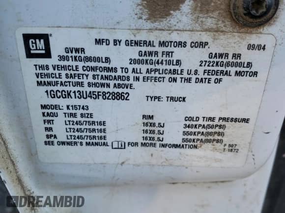 2005 Chevrolet Silverado 1500HD LT z VIN 1GCGK13U45F828862, wystawiony jako Copart lot #78594073 z przebiegiem 201 261 mil mil oraz Szkoda całkowita • Salvage title. Historia ofert i sprzedaży dostępna na DreamBid. Obrazek 13.