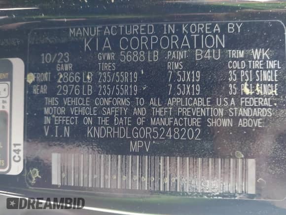 2024 Kia Sorento EX with VIN KNDRHDLG0R5248202, listed as a IAAI auction lot 41990342 with 17,552 mi miles and . Bid and sale history available at DreamBid. Image 9.