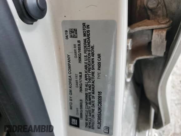 2019 Chevrolet Spark LS with VIN KL8CB6SA3KC800916, listed as a Copart auction lot 84379075 with 116,641 mi miles and Salvage title. Bid and sale history available at DreamBid. Image 12.