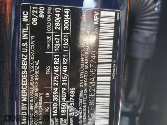 2021 Mercedes-Benz GLS 580 with VIN 4JGFF8GE2MA557240, listed as a Copart auction lot 61243295 with 47,149 mi miles and Salvage title. Bid and sale history available at DreamBid. Image 13.