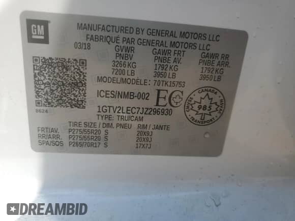 2018 GMC Sierra 1500 с VIN 1GTV2LEC7JZ296930, выставлен на аукционе Copart как лот 68973575 с пробегом 70 483 миль миль и Списание • Salvage title. История ставок и продаж доступна на DreamBid. Изображение 12.