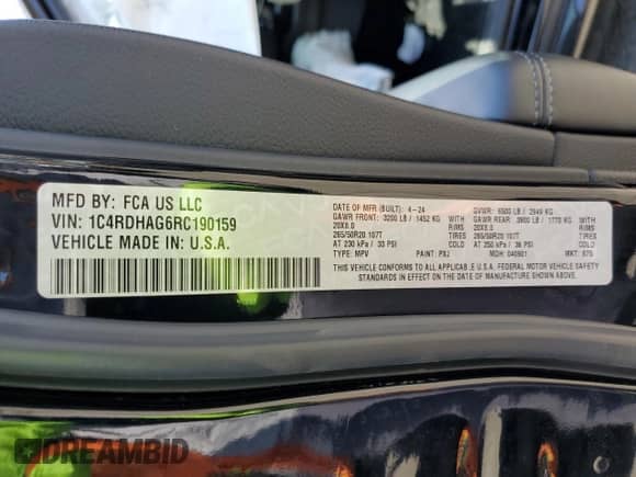 2024 Dodge Durango SXT with VIN 1C4RDHAG6RC190159, listed as a Copart auction lot 61616765 with 7,816 mi miles and Salvage title. Bid and sale history available at DreamBid. Image 13.