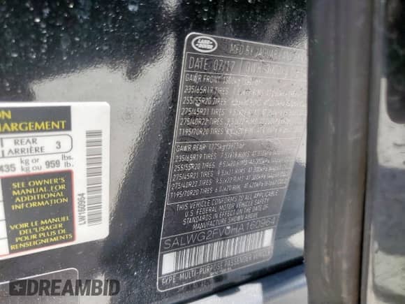 2017 Land Rover Range Rover Sport SE with VIN SALWG2FV0HA160964, listed as a Copart auction lot 66471835 with 83,112 mi miles and Salvage title. Bid and sale history available at DreamBid. Image 14.