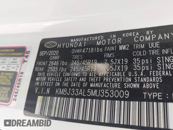 2021 Hyundai Tucson Ultimate with VIN KM8J33AL5MU353009, listed as a IAAI auction lot 42991279 with 36,492 mi miles and . Bid and sale history available at DreamBid. Image 9.