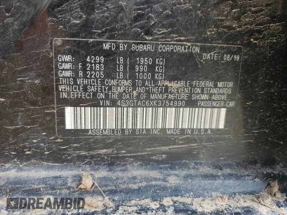 2019 Subaru Impreza Premium with VIN 4S3GTAC6XK3754990, listed as a Copart auction lot 48534365 with 89,836 mi miles and Salvage title. Bid and sale history available at DreamBid. Image 14.