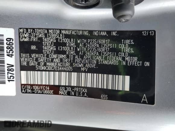 2014 Toyota Sienna LE AAS with VIN 5TDKK3DC7ES444005, listed as a Copart auction lot 86101715 with 115,208 mi miles and Salvage title. Bid and sale history available at DreamBid. Image 13.
