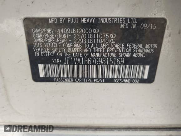 2016 Subaru WRX z VIN JF1VA1B67G9815169, wystawiony jako IAAI lot #43467336 z przebiegiem 79 517 mil mil oraz . Historia ofert i sprzedaży dostępna na DreamBid. Obrazek 9.