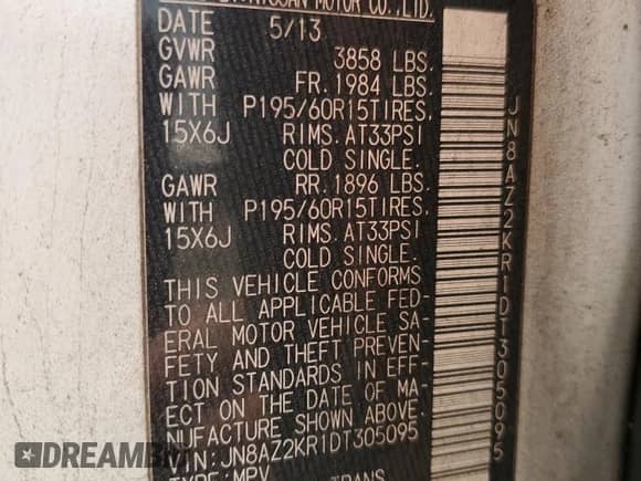 2013 Nissan Cube S with VIN JN8AZ2KR1DT305095, listed as a Copart auction lot 54222995 with 154,517 mi miles and Salvage title. Bid and sale history available at DreamBid. Image 14.