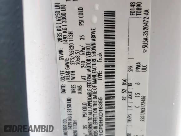 2017 Ford F-150 XL с VIN 1FTEW1CP0HKD16355, выставлен на аукционе Copart как лот 69659845 с пробегом 120 727 миль миль и Списание • Salvage title. История ставок и продаж доступна на DreamBid. Изображение 12.