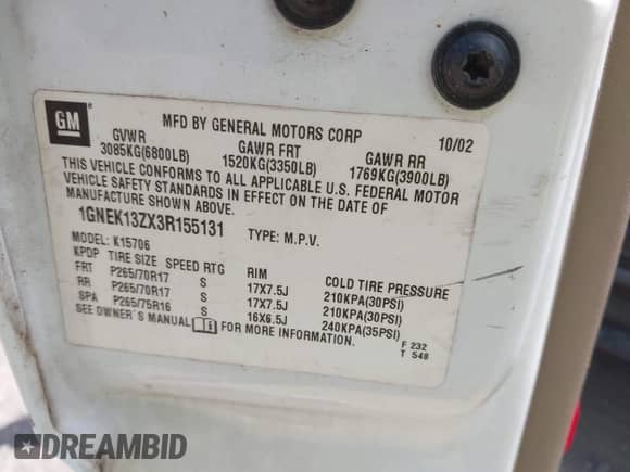 2003 Chevrolet Tahoe Z71 with VIN 1GNEK13ZX3R155131, listed as a IAAI auction lot 42790337 with Not provided miles and . Bid and sale history available at DreamBid. Image 9.