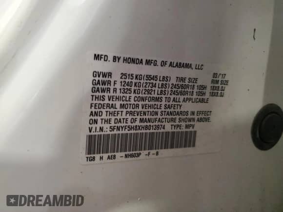 2017 Honda Pilot EX-L with VIN 5FNYF5H8XHB013974, listed as a Copart auction lot 81769745 with 163,295 mi miles and Clean title. Bid and sale history available at DreamBid. Image 13.