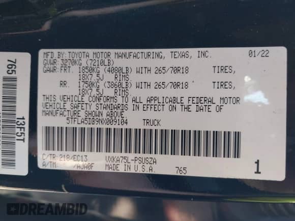 2022 Toyota Tundra SR5 with VIN 5TFLA5DB9NX009104, listed as a IAAI auction lot 42536638 with 77,485 mi miles and . Bid and sale history available at DreamBid. Image 9.