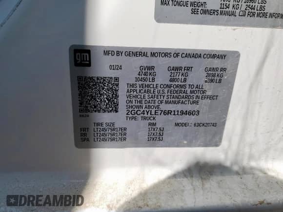 2024 Chevrolet Silverado 2500HD Work Truck z VIN 2GC4YLE76R1194603, wystawiony jako Copart lot #56756695 z przebiegiem 30 476 mil mil oraz Szkoda całkowita • Salvage title. Historia ofert i sprzedaży dostępna na DreamBid. Obrazek 12.