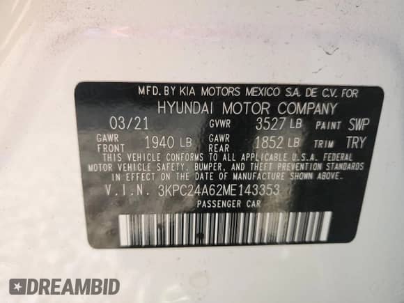 2021 Hyundai Accent SE с VIN 3KPC24A62ME143353, выставлен на аукционе Copart как лот 86153465 с пробегом 81 099 миль миль и На запчасти • Non repairable. История ставок и продаж доступна на DreamBid. Изображение 12.