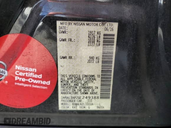 2016 Nissan Altima SL с VIN 1N4AL3AP2GC249388, выставлен на аукционе Copart как лот 85907805 с пробегом 208 987 миль миль и Списание • Salvage title. История ставок и продаж доступна на DreamBid. Изображение 12.