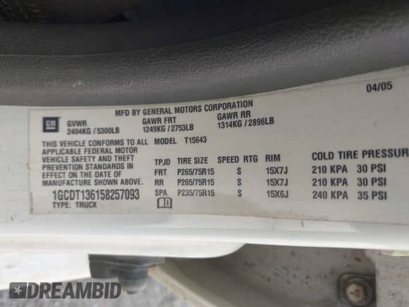 2005 Chevrolet Colorado 1SE LS Z71 с VIN 1GCDT136158257093, выставлен на аукционе IAAI как лот 42864902 с пробегом 234 351 миль миль и . История ставок и продаж доступна на DreamBid. Изображение 9.