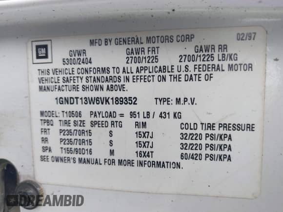 1997 Chevrolet Blazer LS with VIN 1GNDT13W6VK189352, listed as a IAAI auction lot 40867780 with 170,552 mi miles and . Bid and sale history available at DreamBid. Image 9.