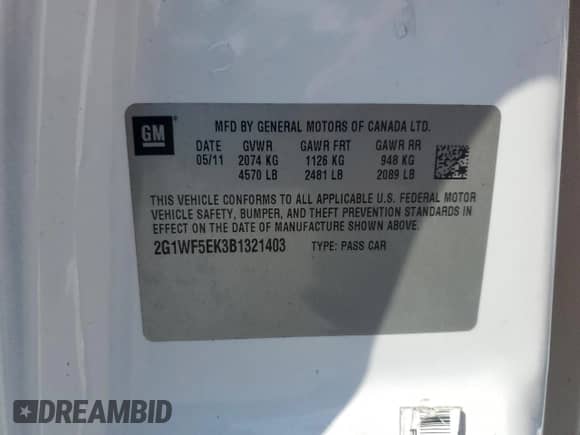 2011 Chevrolet Impala LS Fleet with VIN 2G1WF5EK3B1321403, listed as a Copart auction lot 81443685 with 159,872 mi miles and Salvage title. Bid and sale history available at DreamBid. Image 12.