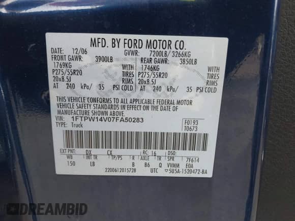 2007 Ford F-150 XLT with VIN 1FTPW14V07FA50283, listed as a IAAI auction lot 43453204 with 202,617 mi miles and . Bid and sale history available at DreamBid. Image 9.