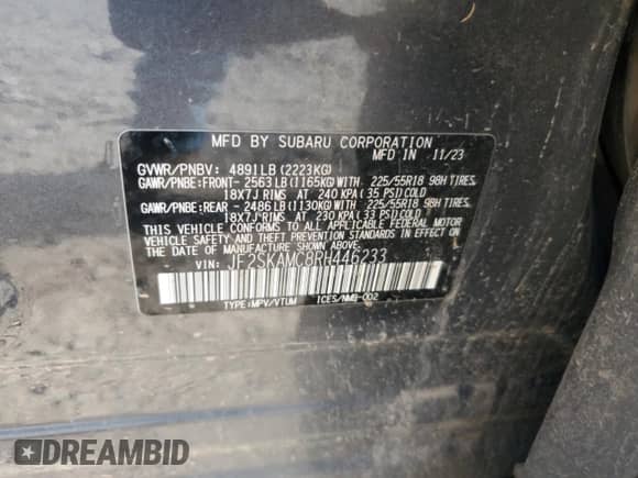 2024 Subaru Forester Touring z VIN JF2SKAMC8RH446233, wystawiony jako Copart lot #70040875 z przebiegiem 41 285 mil mil oraz Szkoda całkowita • Salvage title. Historia ofert i sprzedaży dostępna na DreamBid. Obrazek 12.