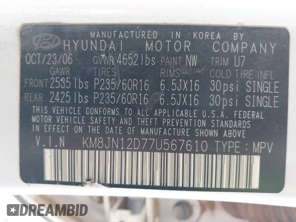 2007 Hyundai Tucson SE z VIN KM8JN12D77U567610, wystawiony jako IAAI lot #42247105 z przebiegiem 171 833 mil mil oraz . Historia ofert i sprzedaży dostępna na DreamBid. Obrazek 9.