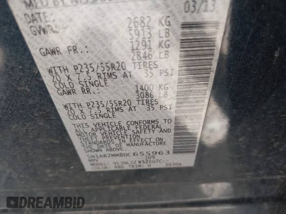 2013 Nissan Pathfinder Platinum with VIN 5N1AR2MM8DC655963, listed as a IAAI auction lot 42305344 with 176,498 mi miles and . Bid and sale history available at DreamBid. Image 9.