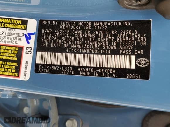 2023 Toyota Camry Hybrid XSE с VIN 4T1K31AK8PU051444, выставлен на аукционе Copart как лот 51464735 с пробегом 15 764 миль миль и Списание • Salvage title. История ставок и продаж доступна на DreamBid. Изображение 14.