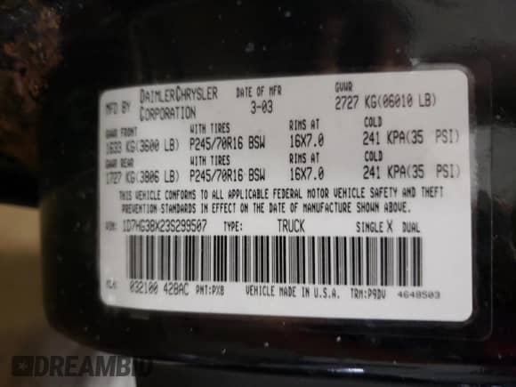 2003 Dodge Dakota Sport z VIN 1D7HG38X23S299507, wystawiony jako Copart lot #67698734 z przebiegiem 146 696 mil mil oraz Szkoda całkowita • Salvage title. Historia ofert i sprzedaży dostępna na DreamBid. Obrazek 12.