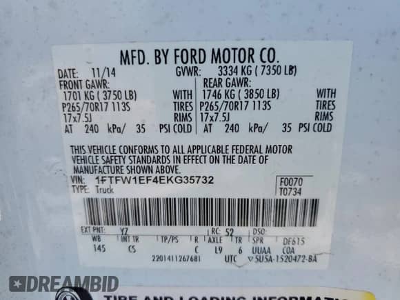 2014 Ford F-150 Lariat z VIN 1FTFW1EF4EKG35732, wystawiony jako Copart lot #41446185 z przebiegiem 83 972 mil mil oraz Szkoda całkowita • Salvage title. Historia ofert i sprzedaży dostępna na DreamBid. Obrazek 12.