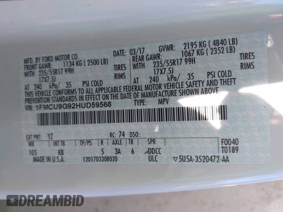 2017 Ford Escape SE с VIN 1FMCU9G92HUD59568, выставлен на аукционе IAAI как лот 43439924 с пробегом 219 268 миль миль и . История ставок и продаж доступна на DreamBid. Изображение 9.