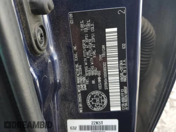 2009 Toyota Tundra SR5 с VIN 5TFBV541X9X089302, выставлен на аукционе Copart как лот 50354665 с пробегом 141 399 миль миль и Списание • Salvage title. История ставок и продаж доступна на DreamBid. Изображение 12.