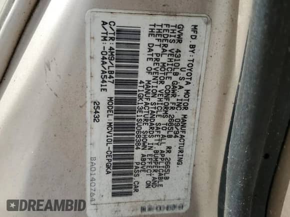 1995 Toyota Camry DX z VIN 4T1SK11E6SU553990, wystawiony jako Copart lot #68037885 z przebiegiem 195 488 mil mil oraz Szkoda całkowita • Salvage title. Historia ofert i sprzedaży dostępna na DreamBid. Obrazek 12.